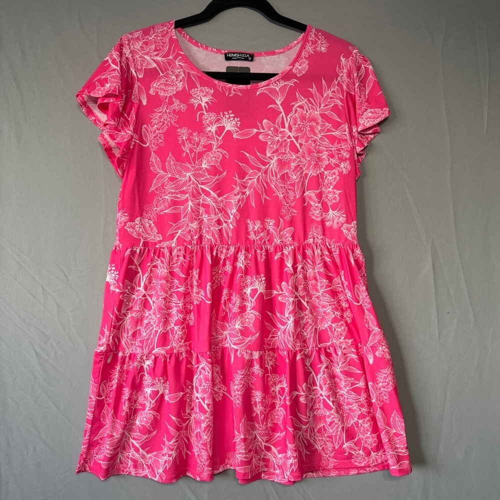 Heimish Womens Boho Babydoll Tiered Floral Tunic Top S Pink Ruffle Stretchy